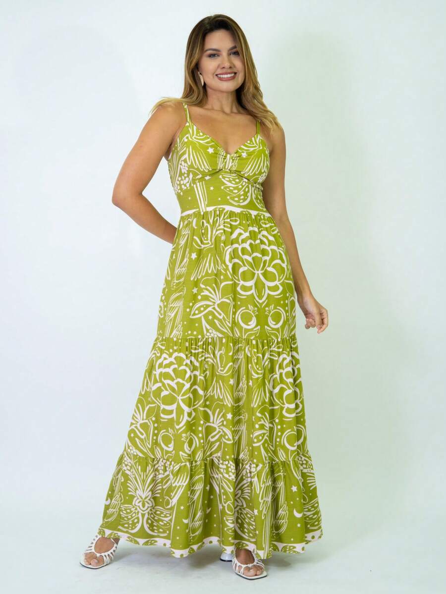 Vestido Longo Estampado Feminino com Lastex e Bojo em Viscolinho