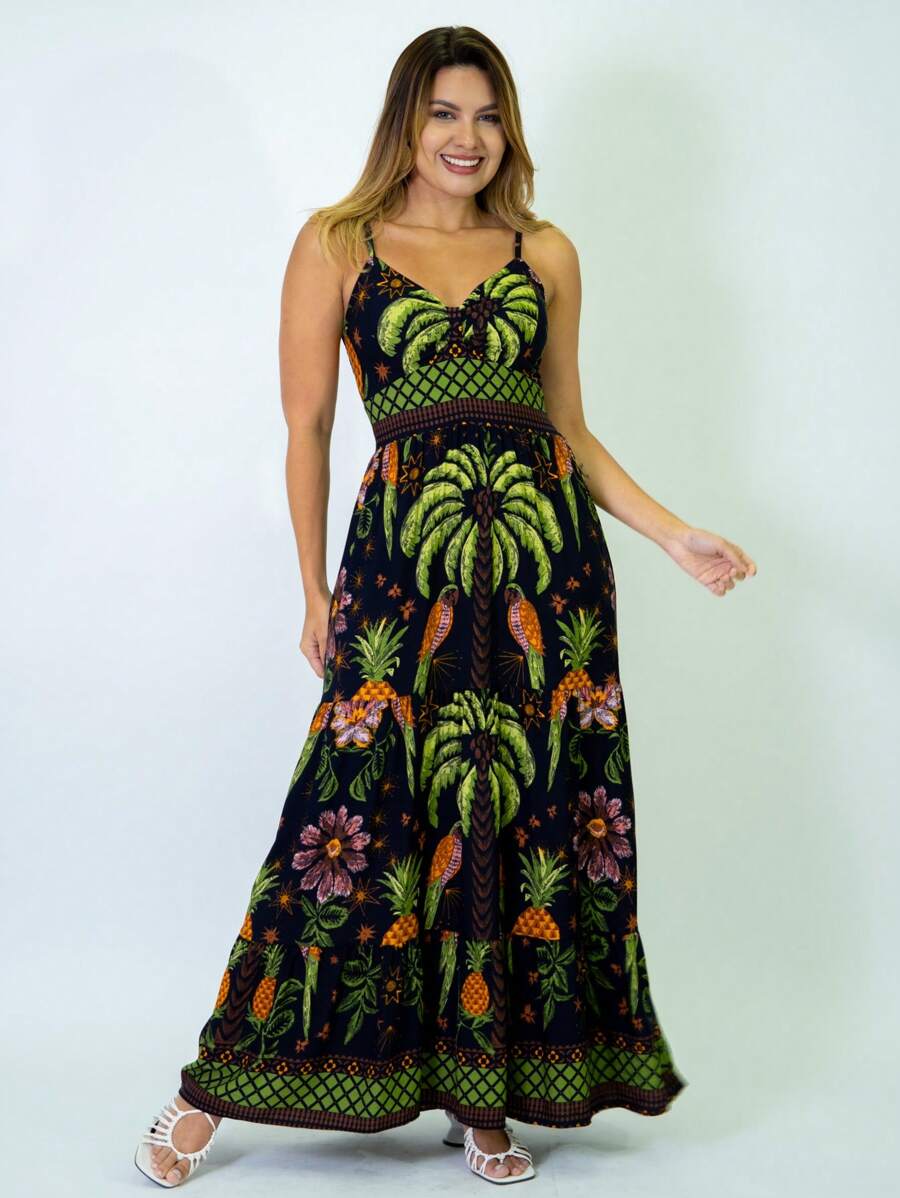 Vestido Longo Estampado Feminino com Lastex e Bojo em Viscolinho