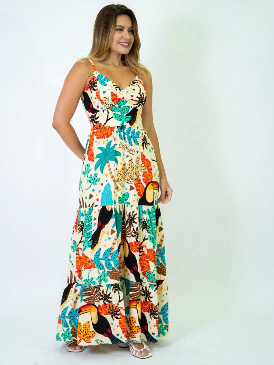 Vestido Longo Estampado Feminino com Lastex e Bojo em Viscolinho