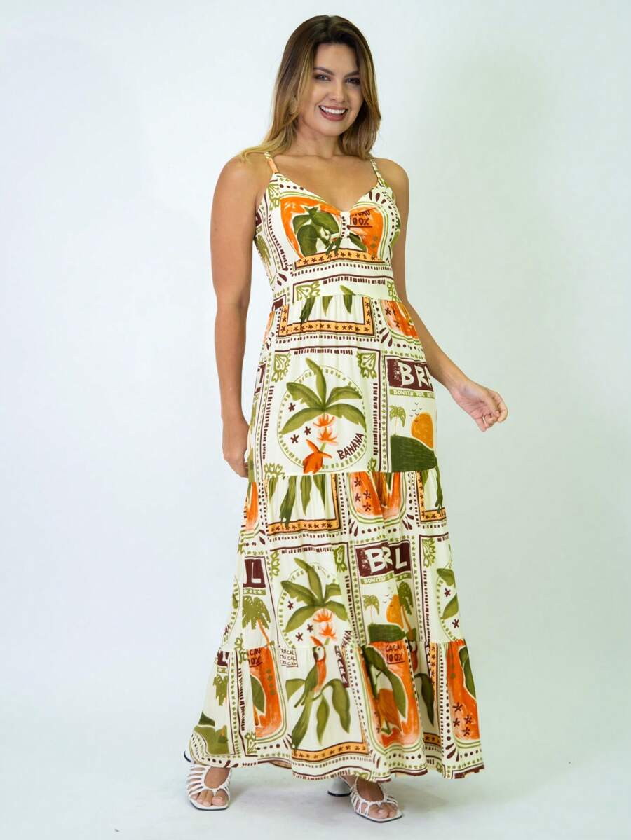 Vestido Longo Estampado Feminino com Lastex e Bojo em Viscolinho