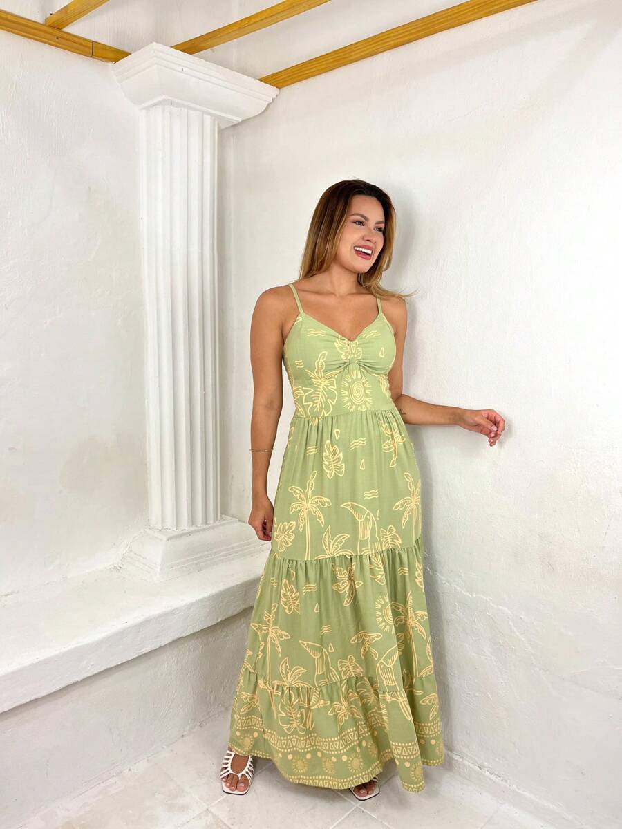 Vestido Longo Estampado Feminino com Lastex e Bojo em Viscolinho