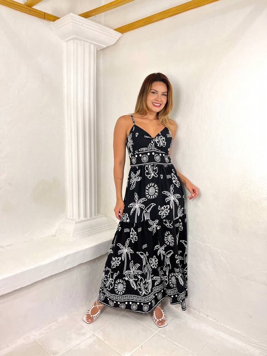 Vestido Longo Estampado Feminino com Lastex e Bojo em Viscolinho