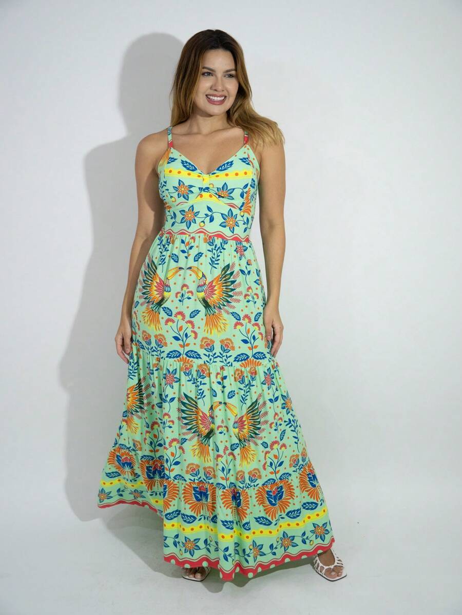 Vestido Longo Estampado Feminino com Lastex e Bojo em Viscolinho