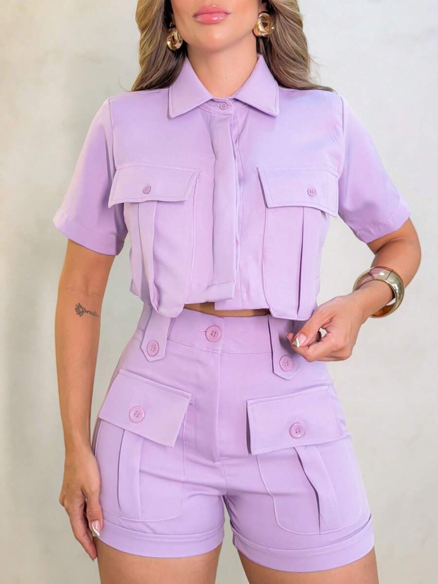 Conjunto Feminino Cropped e Short Social Alfaiataria