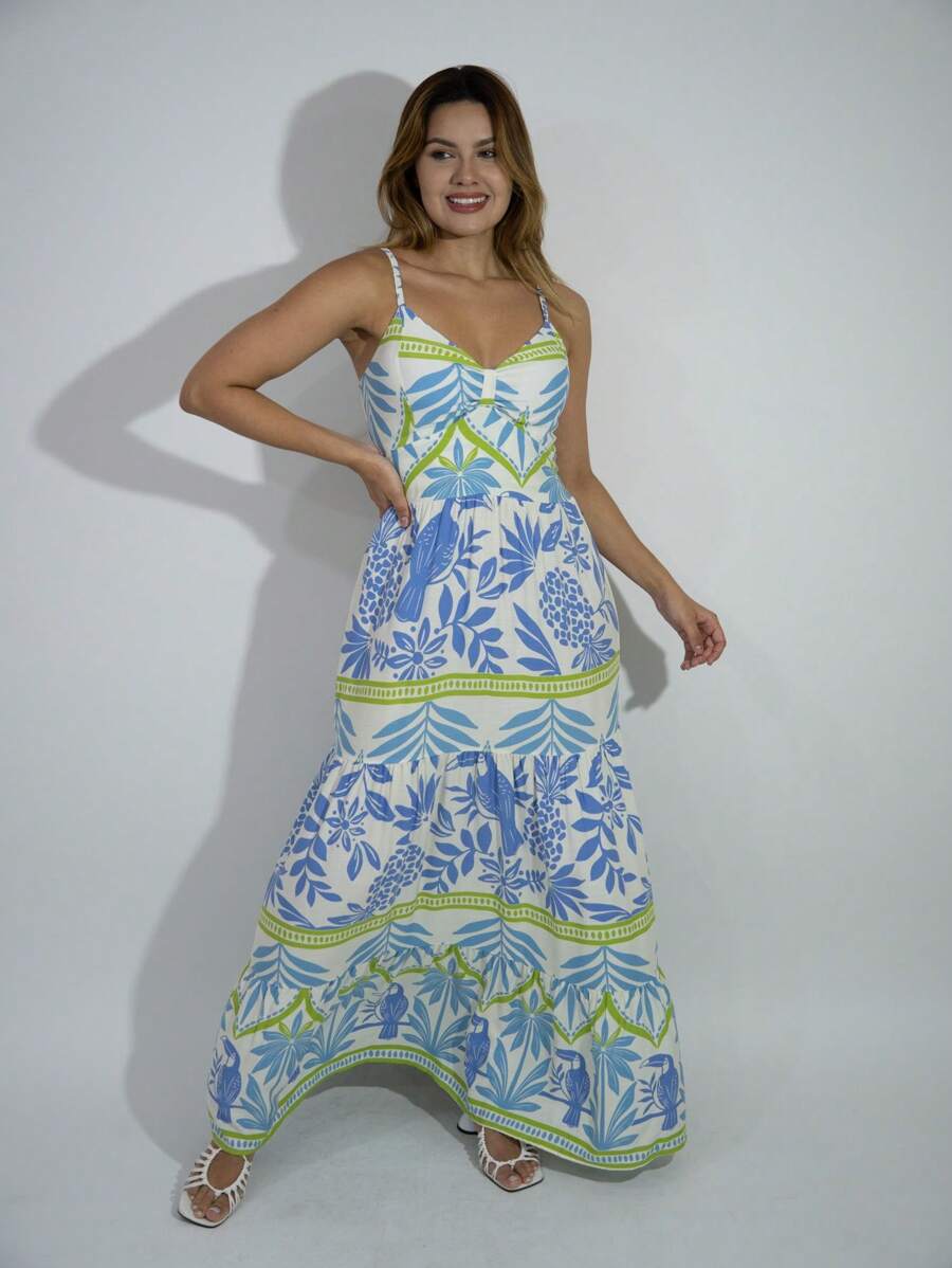 Vestido Longo Estampado Feminino com Lastex e Bojo em Viscolinho