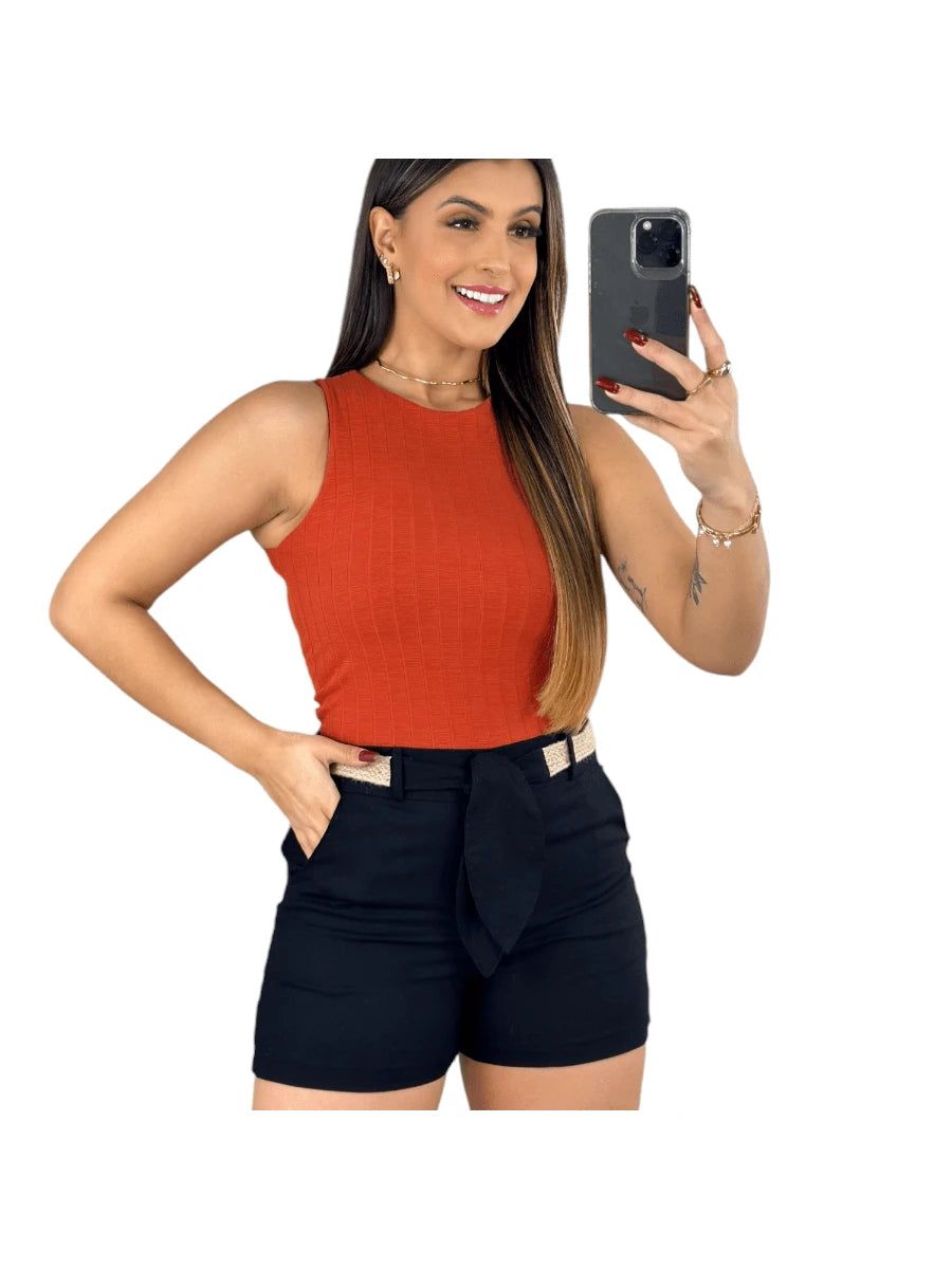 Shorts Feminino de Linho Social Curto com Cinto e Bolso Faca