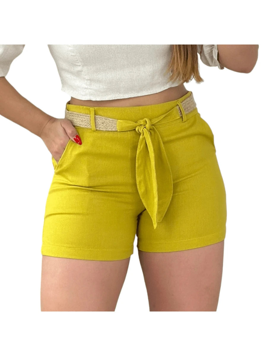 Shorts Feminino de Linho Social Curto com Cinto e Bolso Faca