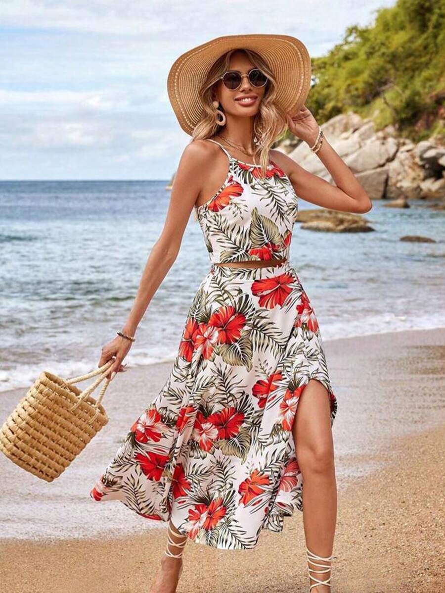 Conjunto Feminina Estampa Tropical Top e Saia, Estampado