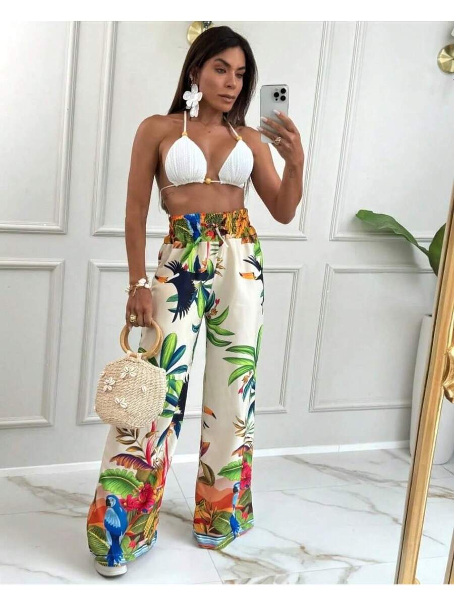 Calça Pantalona Feminina Estampada em Crepe
