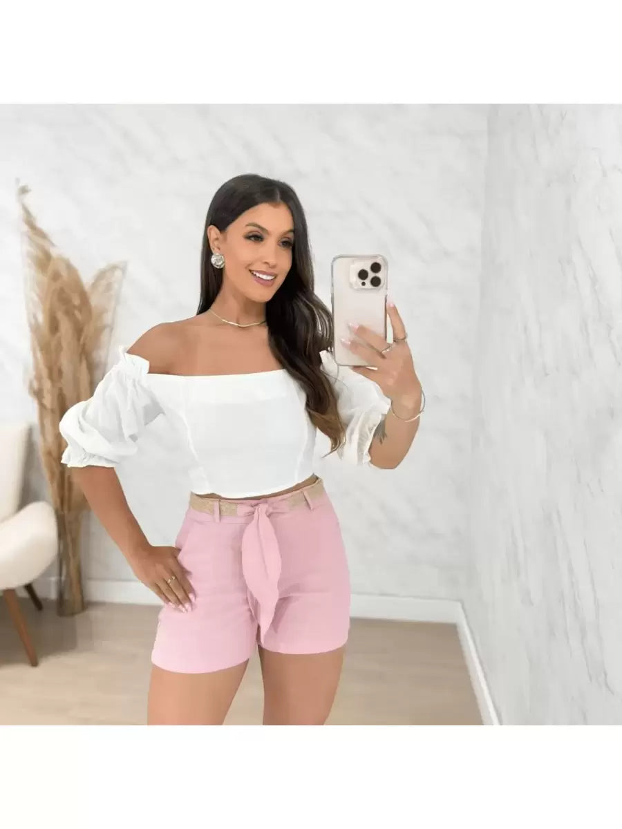 Shorts Feminino de Linho Social Curto com Cinto e Bolso Faca