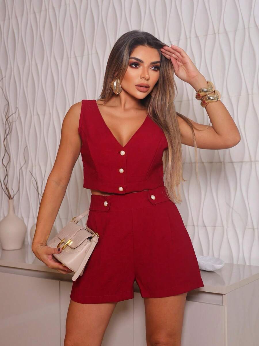 Conjunto com Botões Tecido Premium Cropped + Short