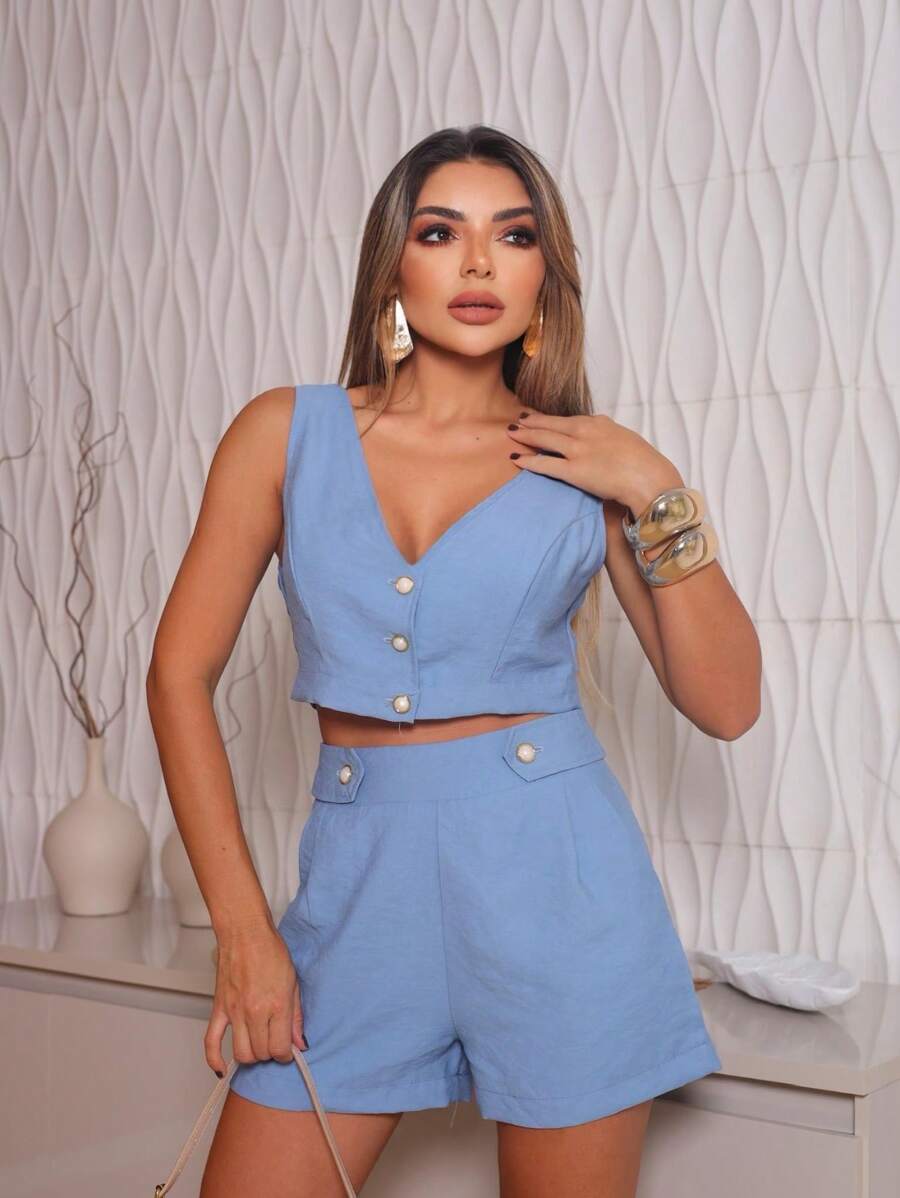 Conjunto com Botões Tecido Premium Cropped + Short