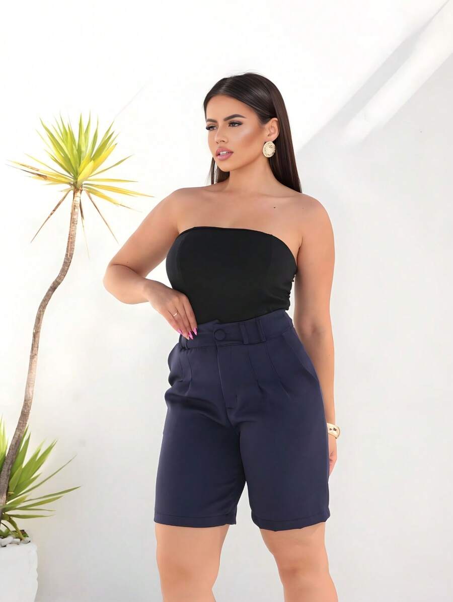 Short Alfaiataria Feminino Social Cintura Alta com Cinto e Bolso
