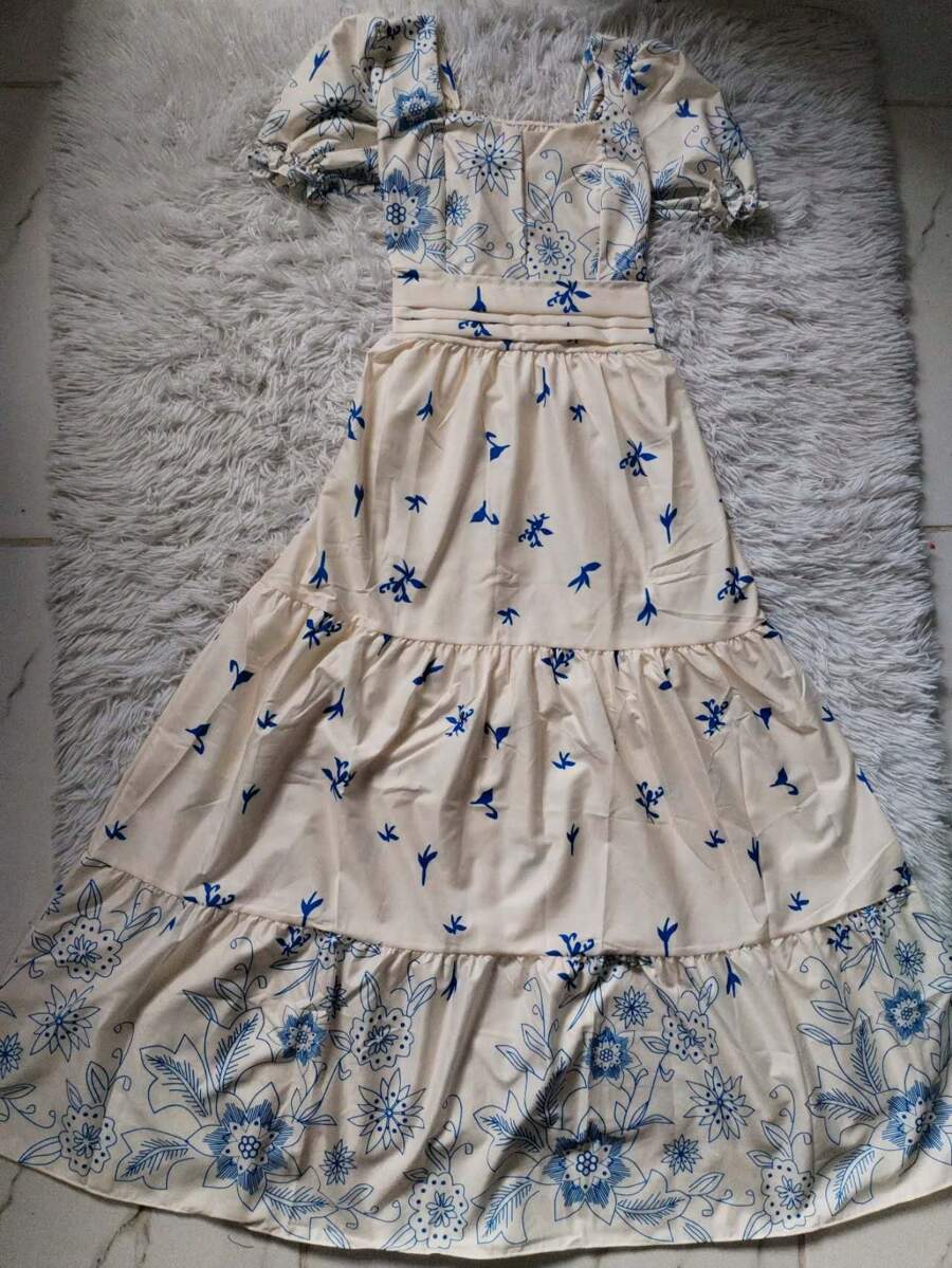 Vestido Elegante Longo Feminino Estampado com Manga Curta