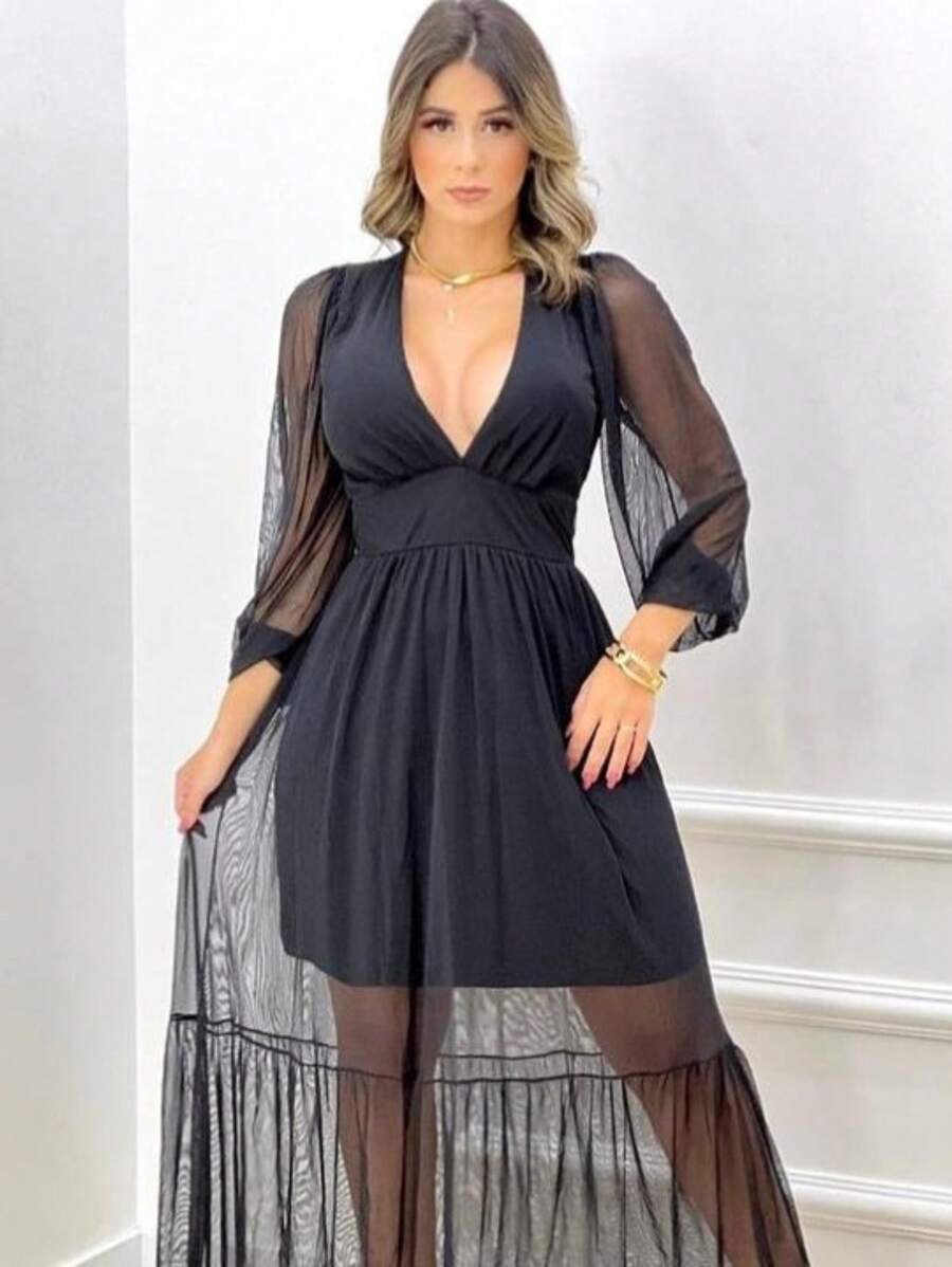 Vestido Manga Longa Decote V com Bojo e Forro nas Costas Longo