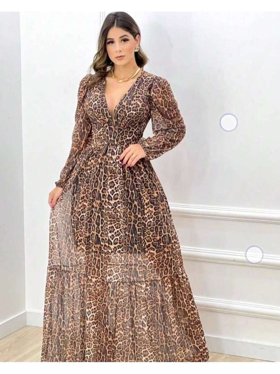 Vestido Manga Longa Decote V com Bojo e Forro nas Costas Longo