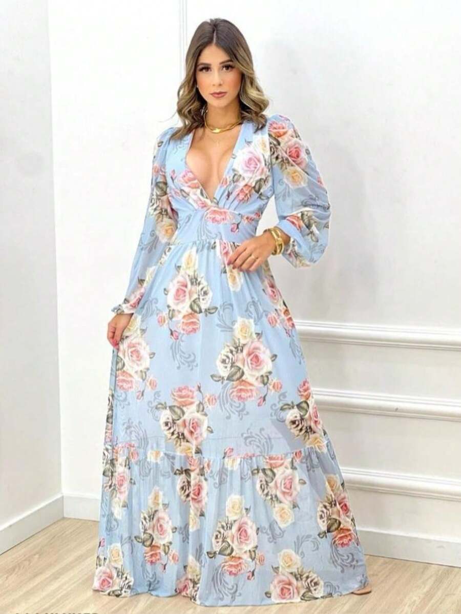 Vestido Manga Longa Decote V com Bojo e Forro nas Costas Longo
