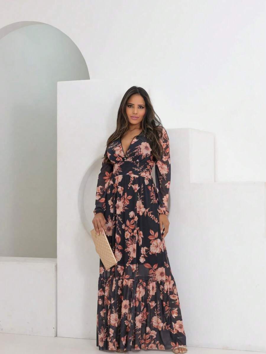 Vestido Manga Longa Decote V com Bojo e Forro nas Costas Longo