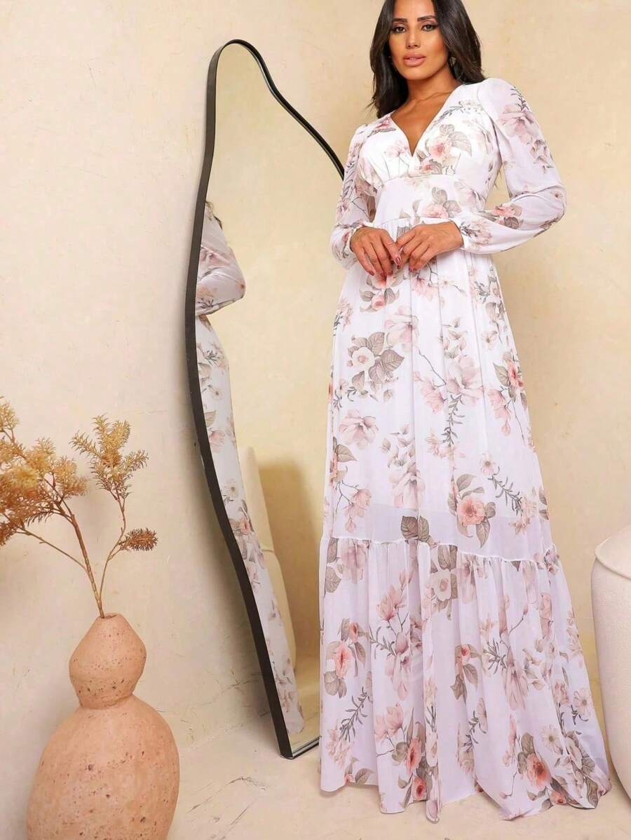 Vestido Manga Longa Decote V com Bojo e Forro nas Costas Longo