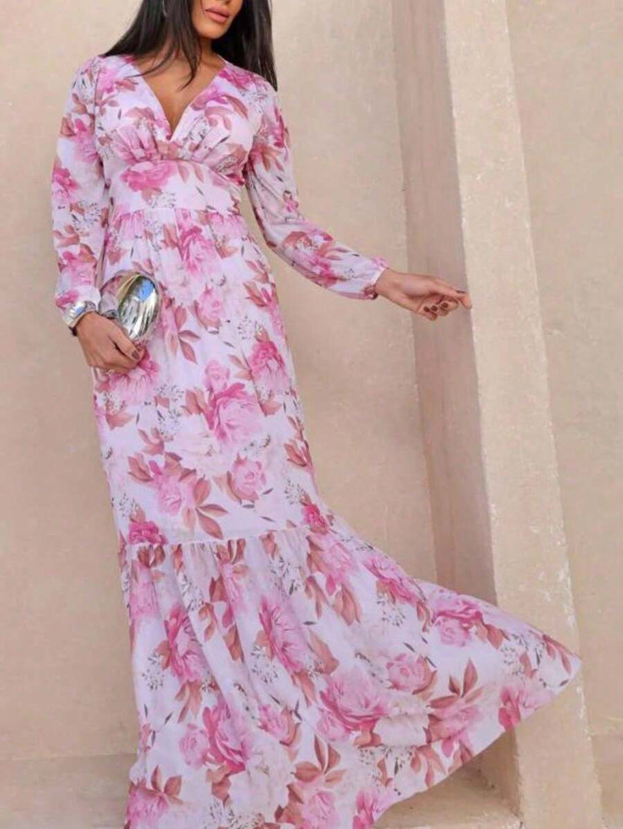 Vestido Manga Longa Decote V com Bojo e Forro nas Costas Longo
