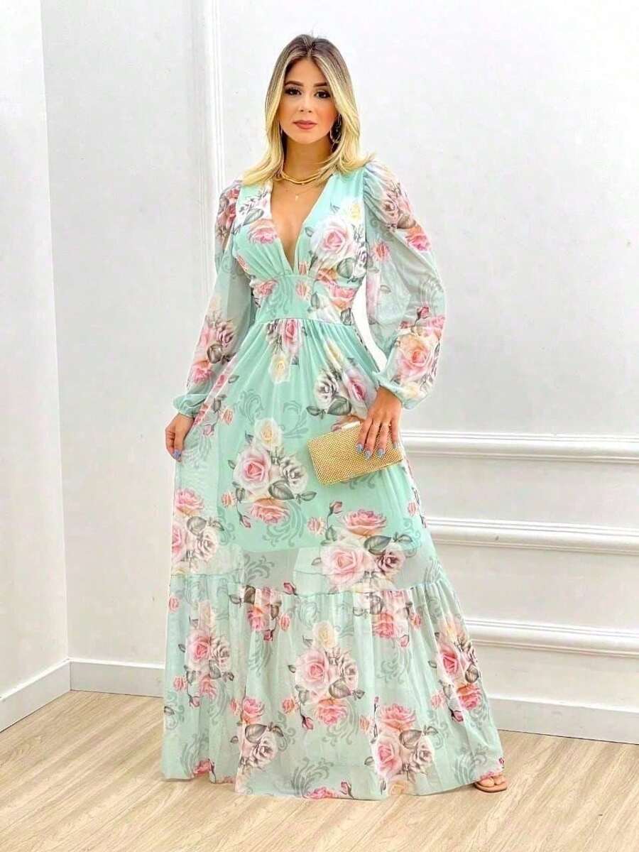 Vestido Manga Longa Decote V com Bojo e Forro nas Costas Longo