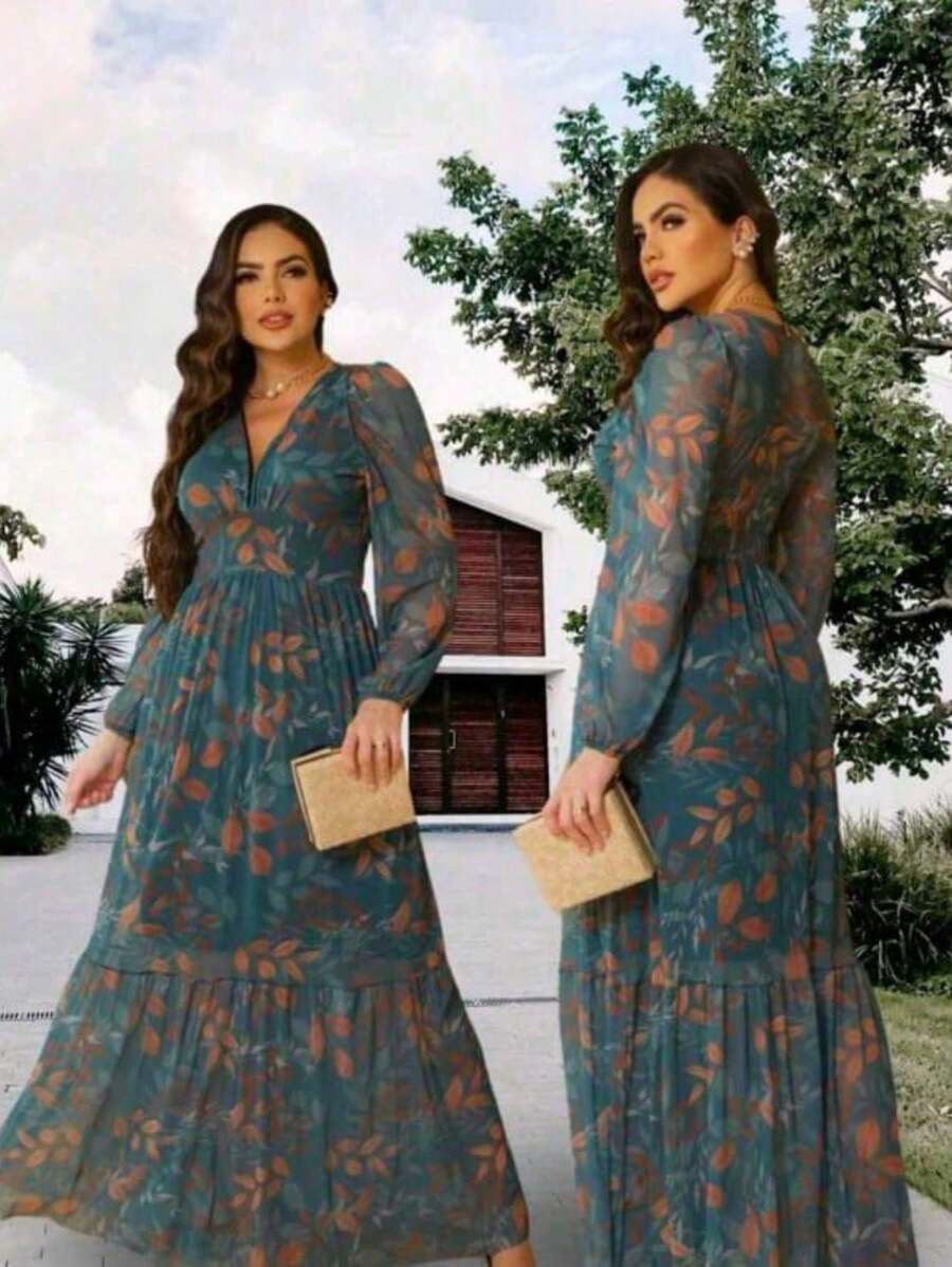 Vestido Manga Longa Decote V com Bojo e Forro nas Costas Longo