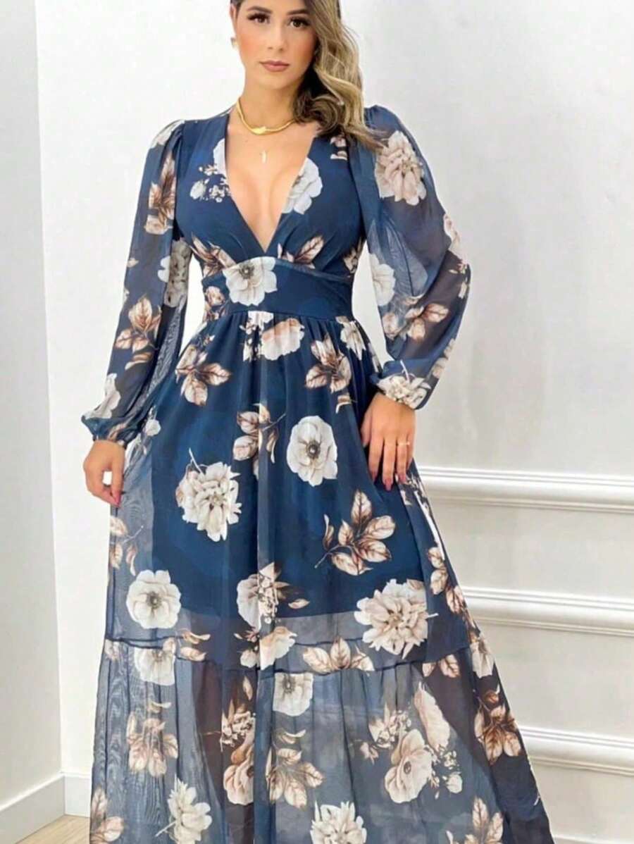 Vestido Manga Longa Decote V com Bojo e Forro nas Costas Longo