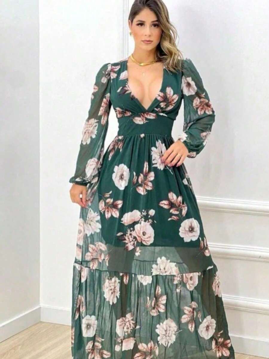 Vestido Manga Longa Decote V com Bojo e Forro nas Costas Longo