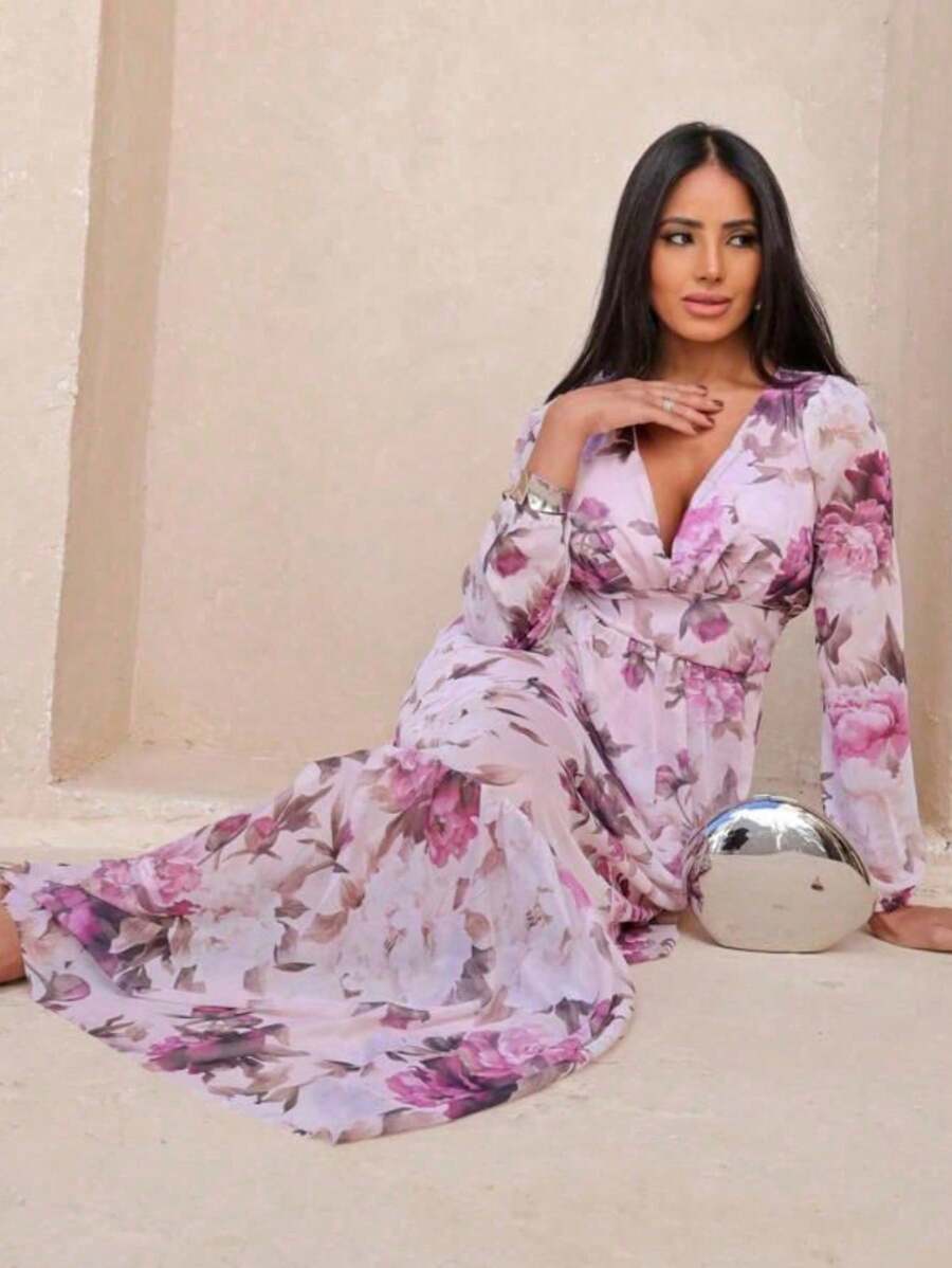 Vestido Manga Longa Decote V com Bojo e Forro nas Costas Longo
