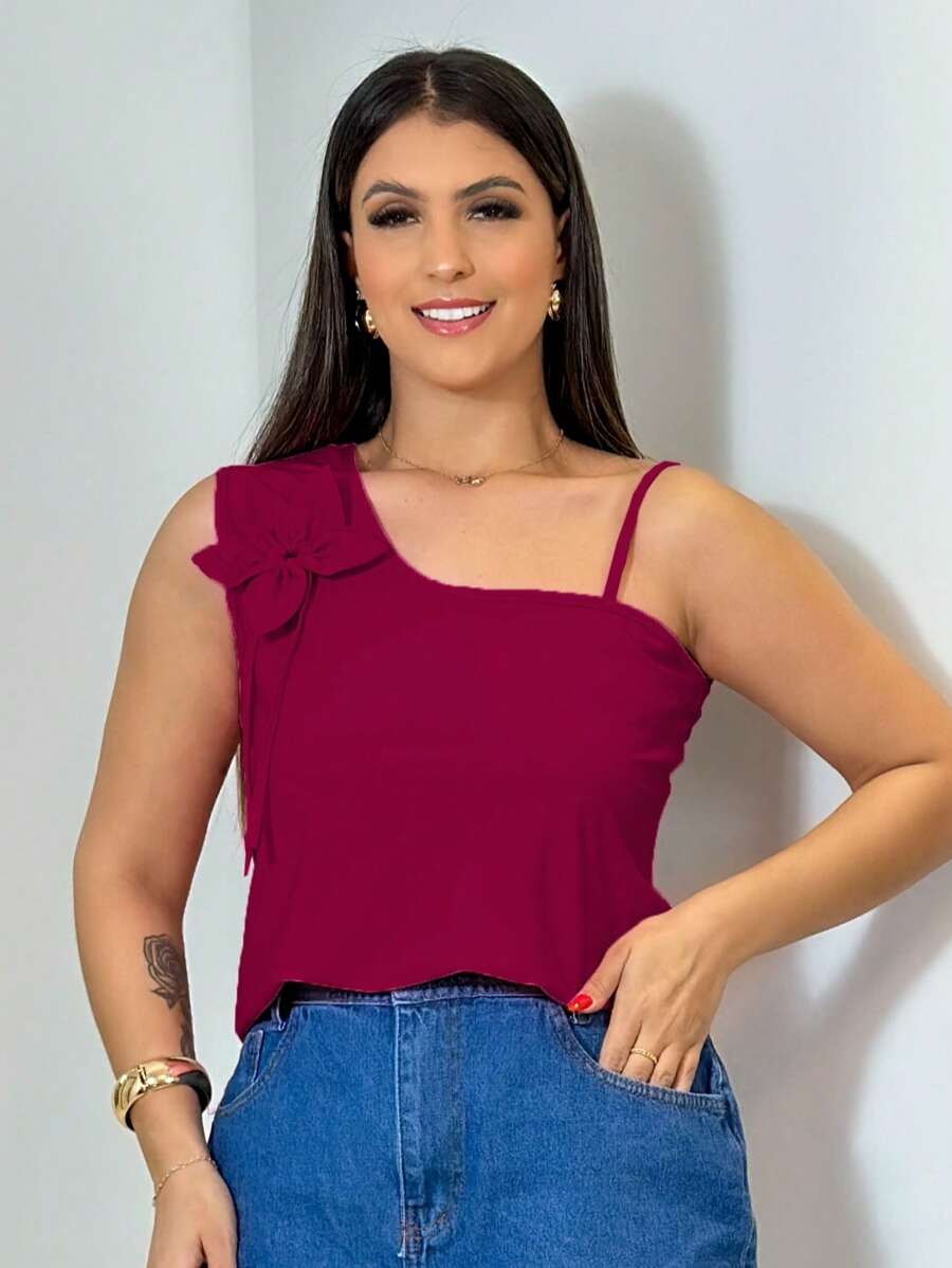 Blusa Feminina Com Flor Social Blusinha Regata