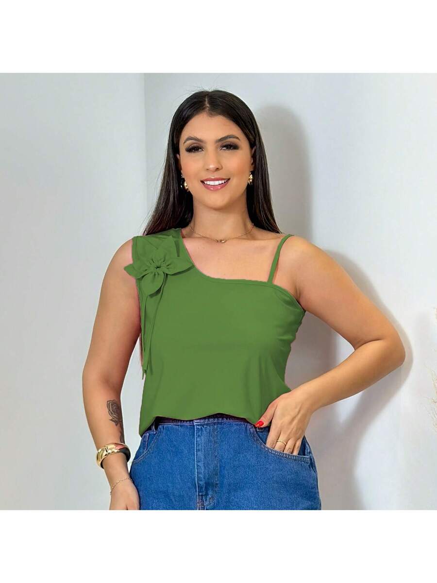 Blusa Feminina Com Flor Social Blusinha Regata