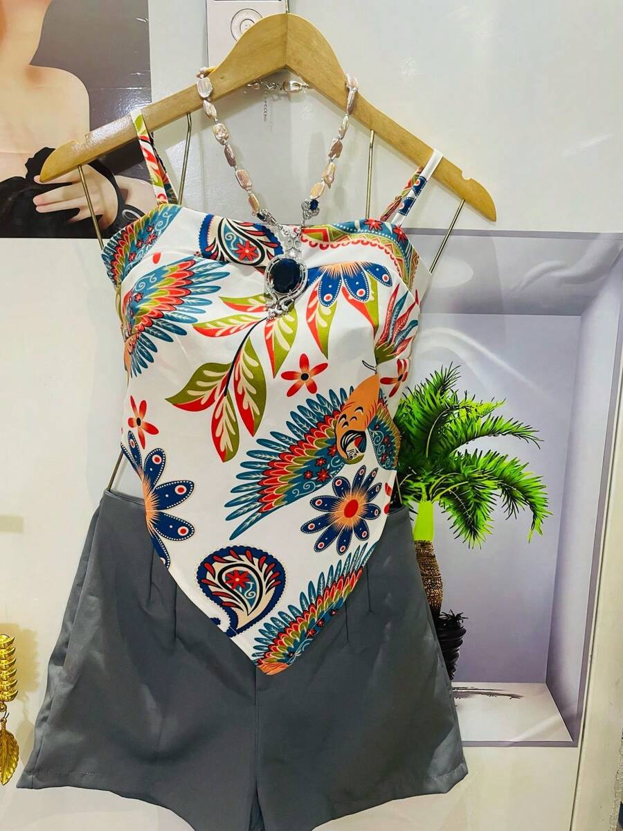 Conjunto Feminino Camisa com Amarração Atrás e Short com Zíper