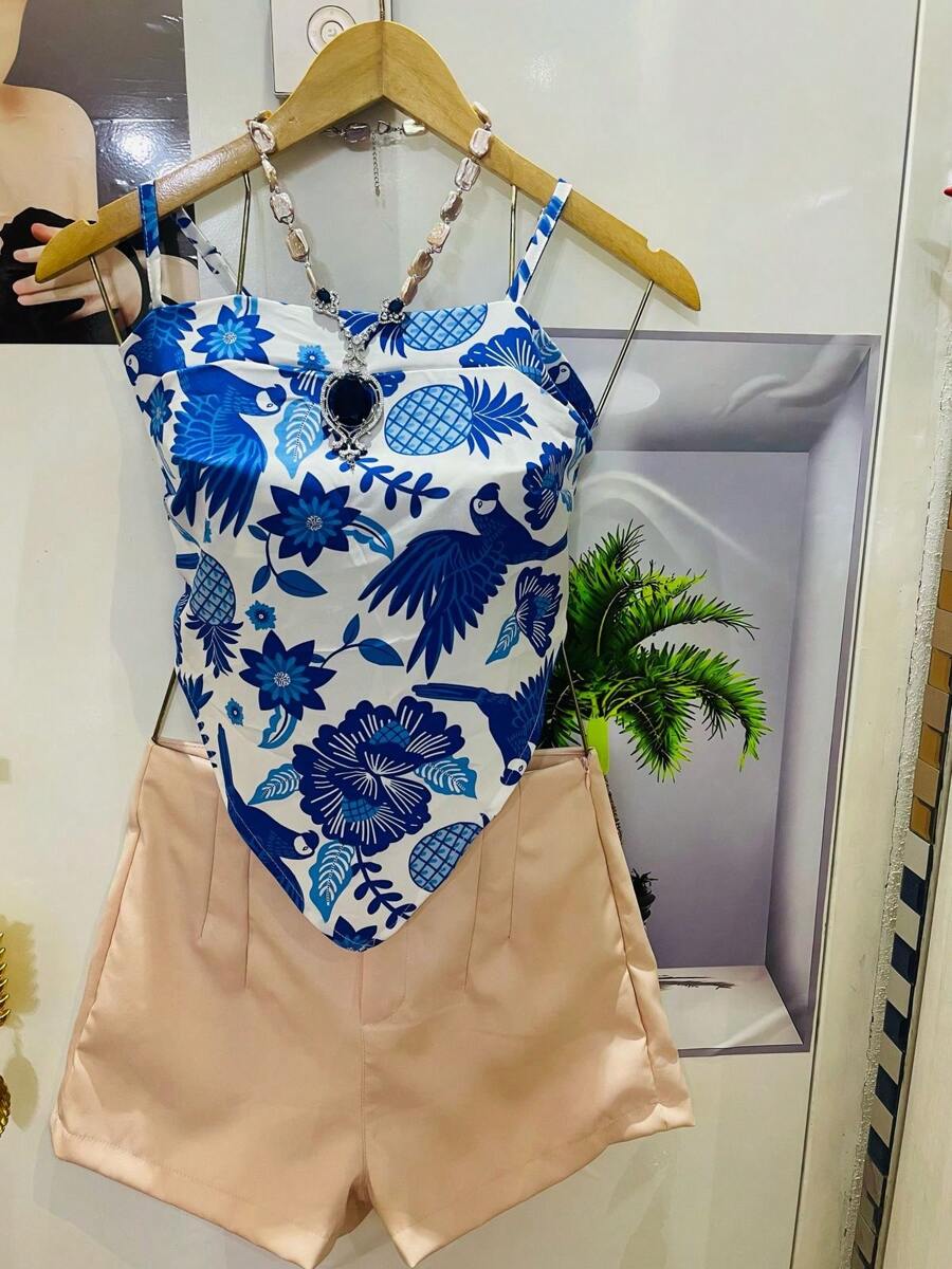 Conjunto Feminino Camisa com Amarração Atrás e Short com Zíper