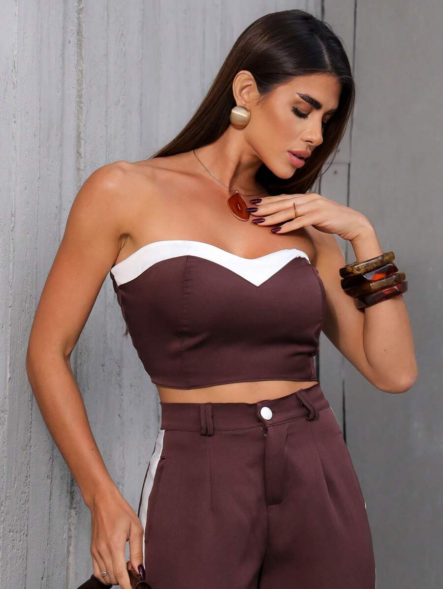 Conjunto Feminino Casual Elegante Alfaiataria Calça Pantalona e Cropped Bicolor