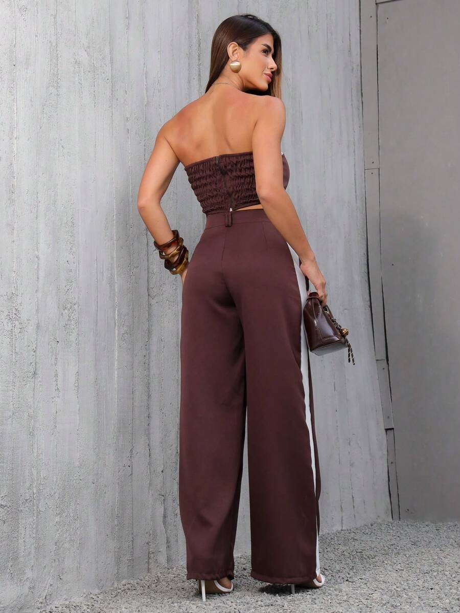 Conjunto Feminino Casual Elegante Alfaiataria Calça Pantalona e Cropped Bicolor