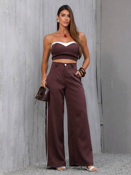Conjunto Feminino Casual Elegante Alfaiataria Calça Pantalona e Cropped Bicolor