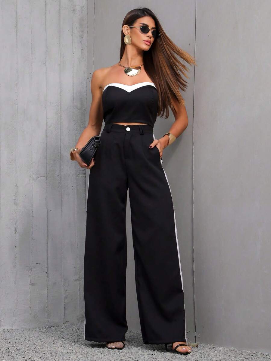 Conjunto Feminino Casual Elegante Alfaiataria Calça Pantalona e Cropped Bicolor
