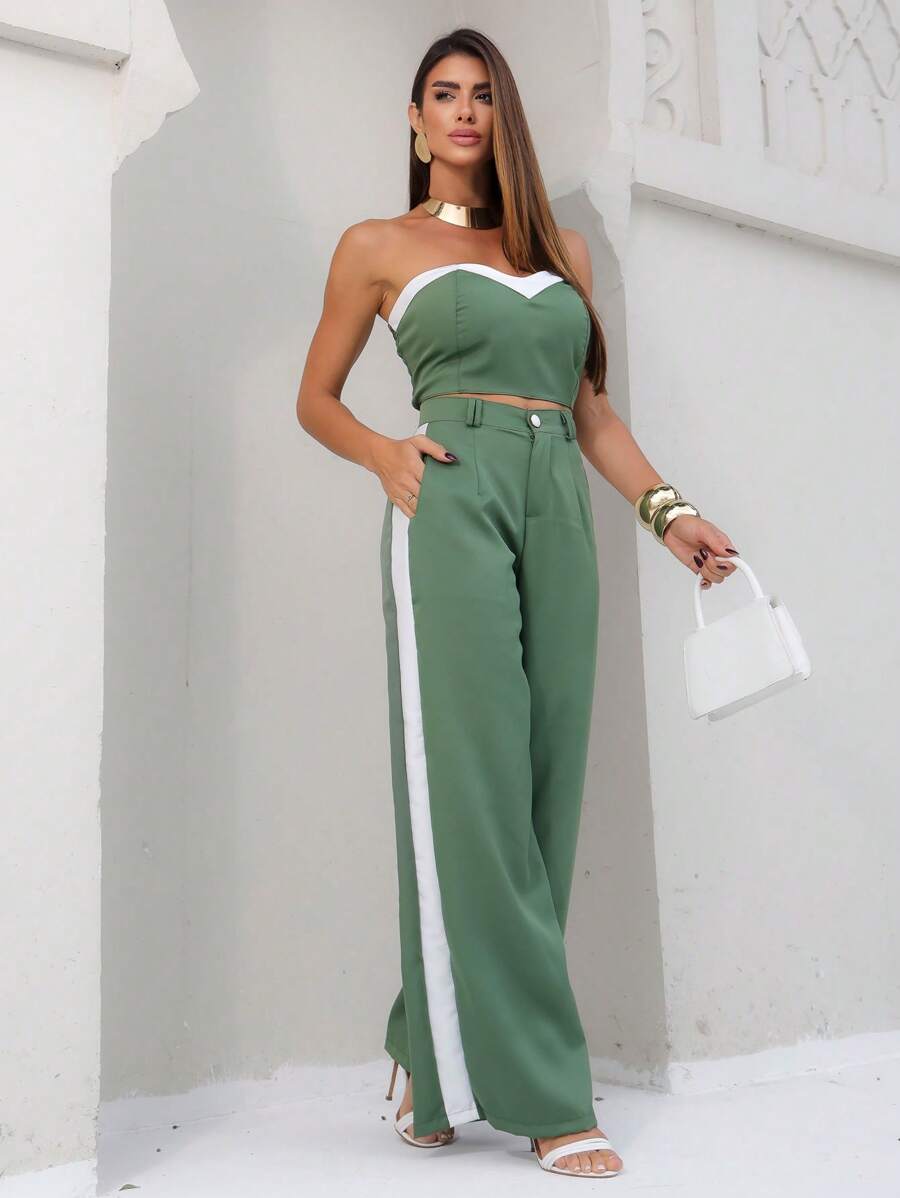 Conjunto Feminino Casual Elegante Alfaiataria Calça Pantalona e Cropped Bicolor