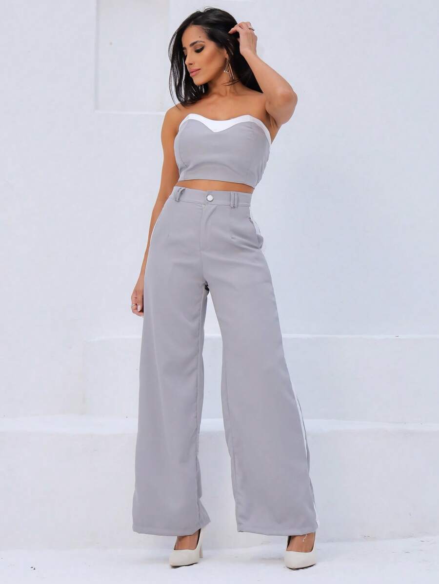 Conjunto Feminino Casual Elegante Alfaiataria Calça Pantalona e Cropped Bicolor