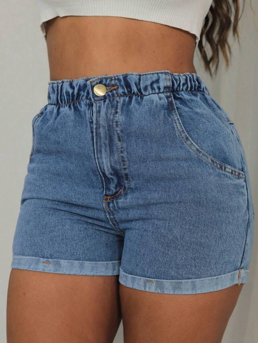 Shorts Jeans Cintura Alta com Elástico e Barra Dobrada