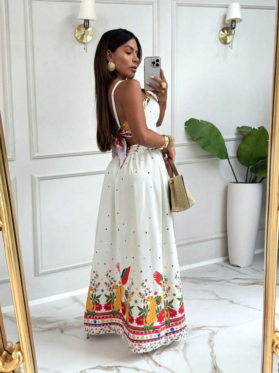 Conjunto Feminino Saia Longa Forrada com Cropped Amarração nas Costas e Bojo