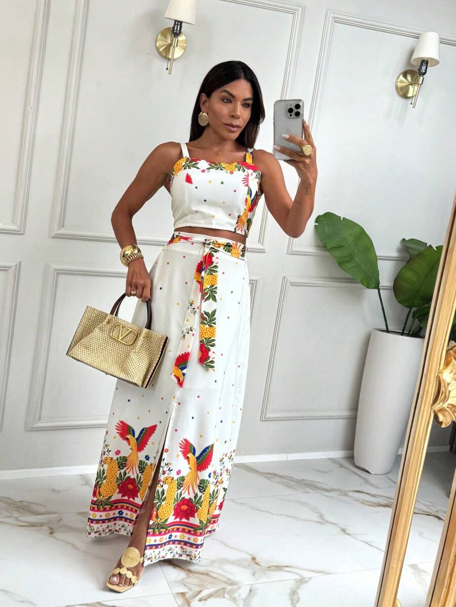 Conjunto Feminino Saia Longa Forrada com Cropped Amarração nas Costas e Bojo