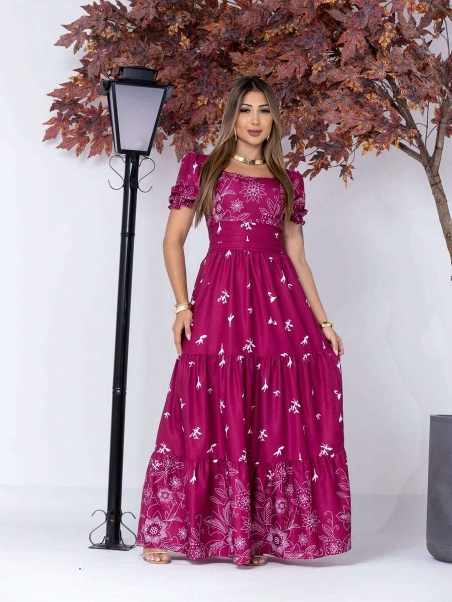 Vestido Elegante Longo Feminino Estampado com Manga Curta