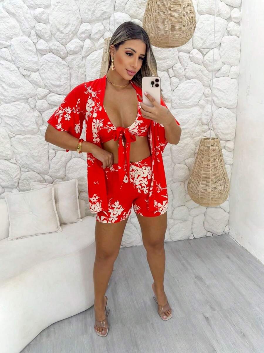 Kimono Três Peças Estampado – Cropped Solto e Confortável