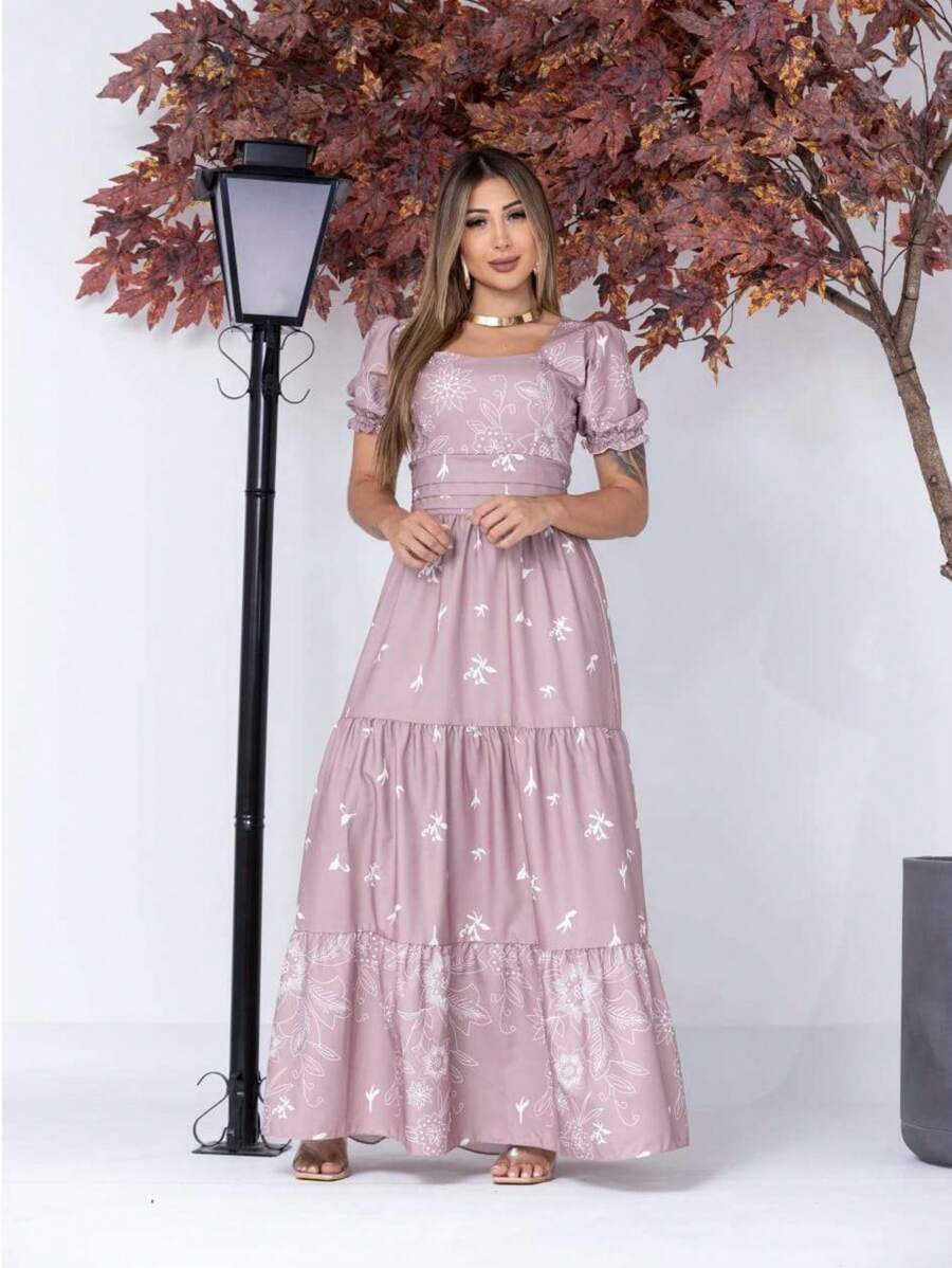 Vestido Elegante Longo Feminino Estampado com Manga Curta