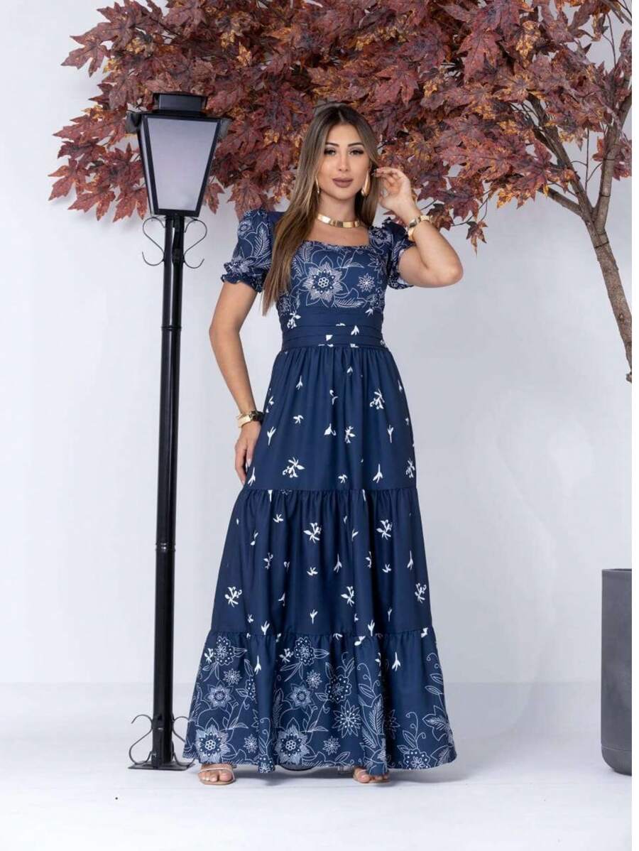 Vestido Elegante Longo Feminino Estampado com Manga Curta