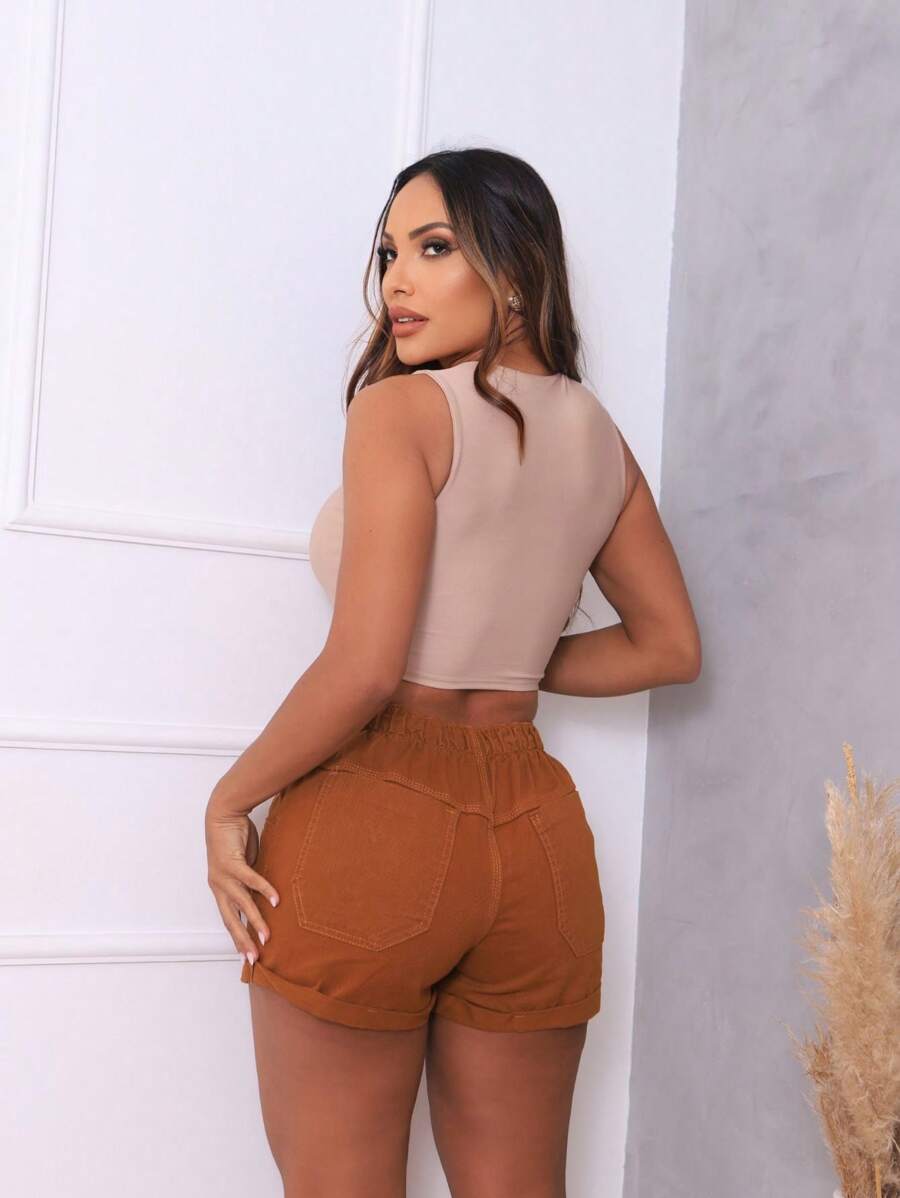 Shorts Jeans Cintura Alta com Elástico e Barra Dobrada