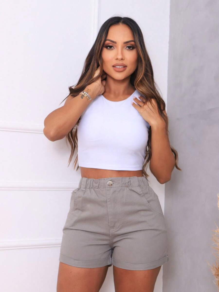 Shorts Jeans Cintura Alta com Elástico e Barra Dobrada