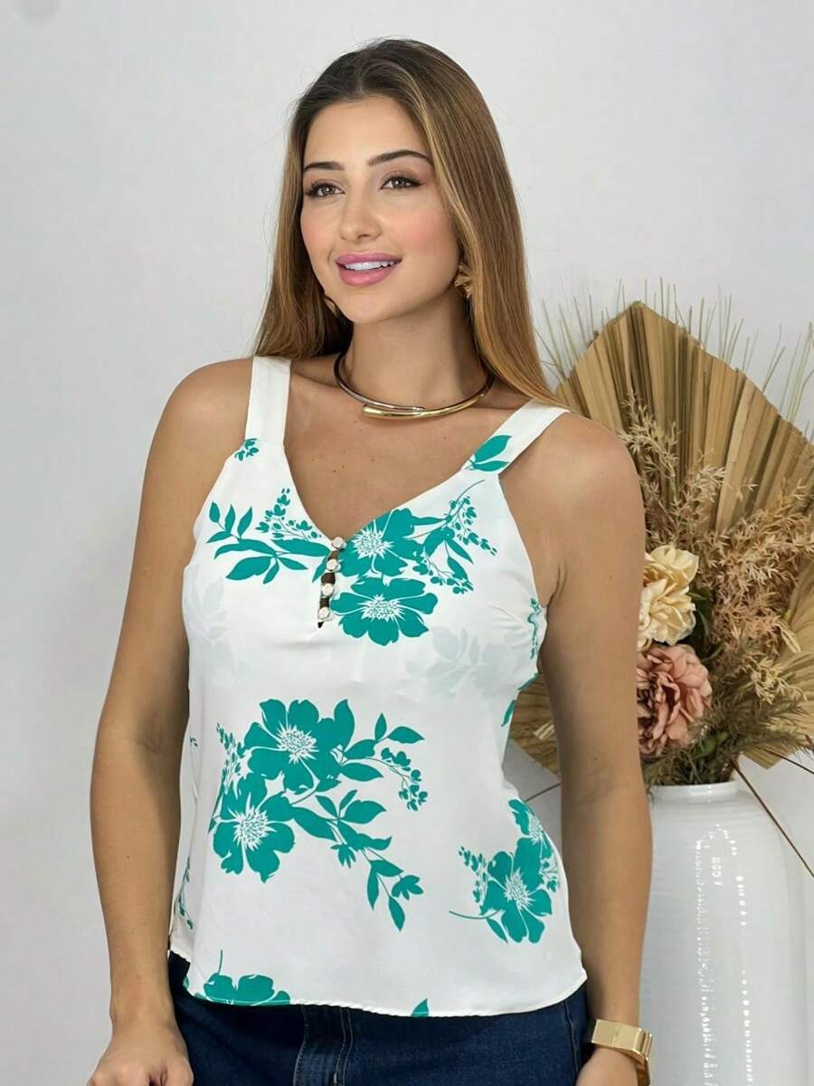 Regata Feminina Social Estampada com Botões e Alça Larga