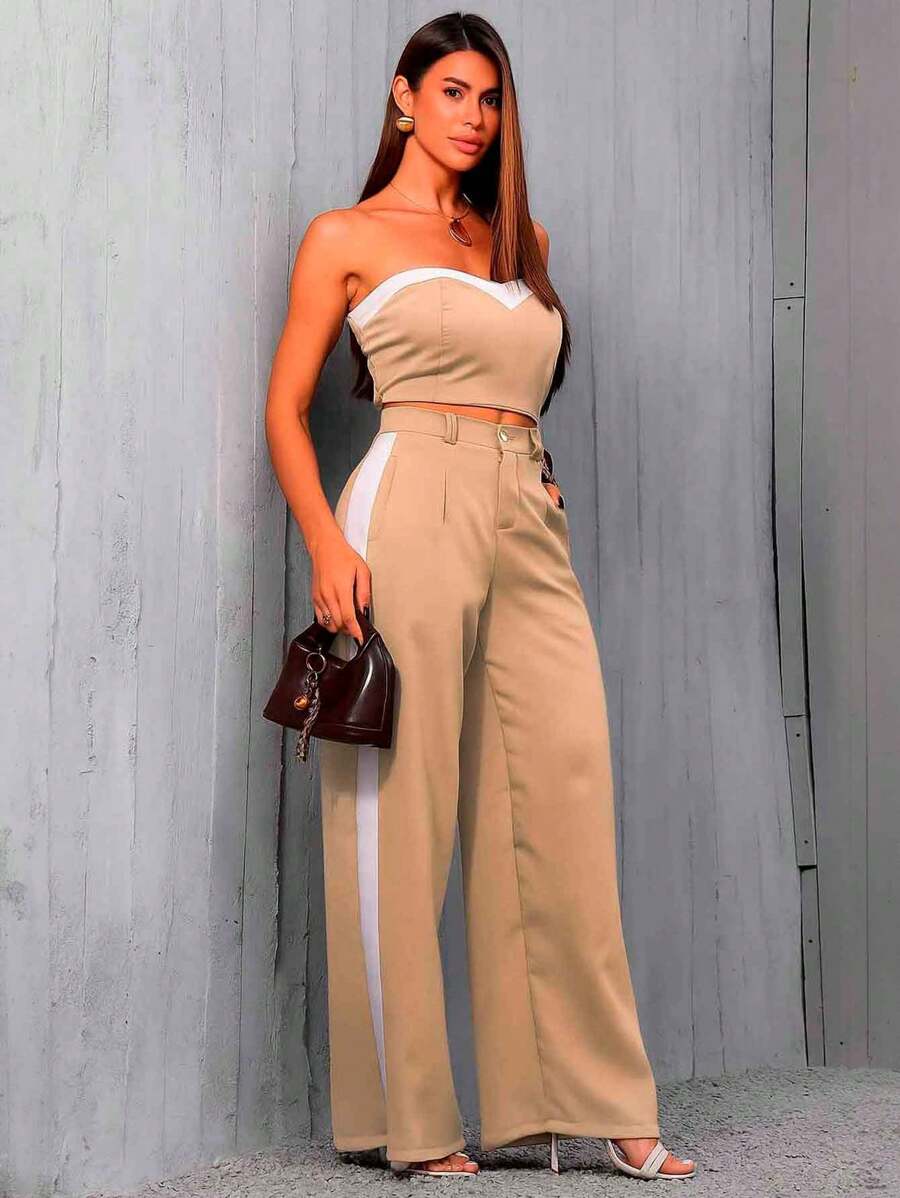 Conjunto Feminino Casual Elegante Alfaiataria Calça Pantalona e Cropped Bicolor